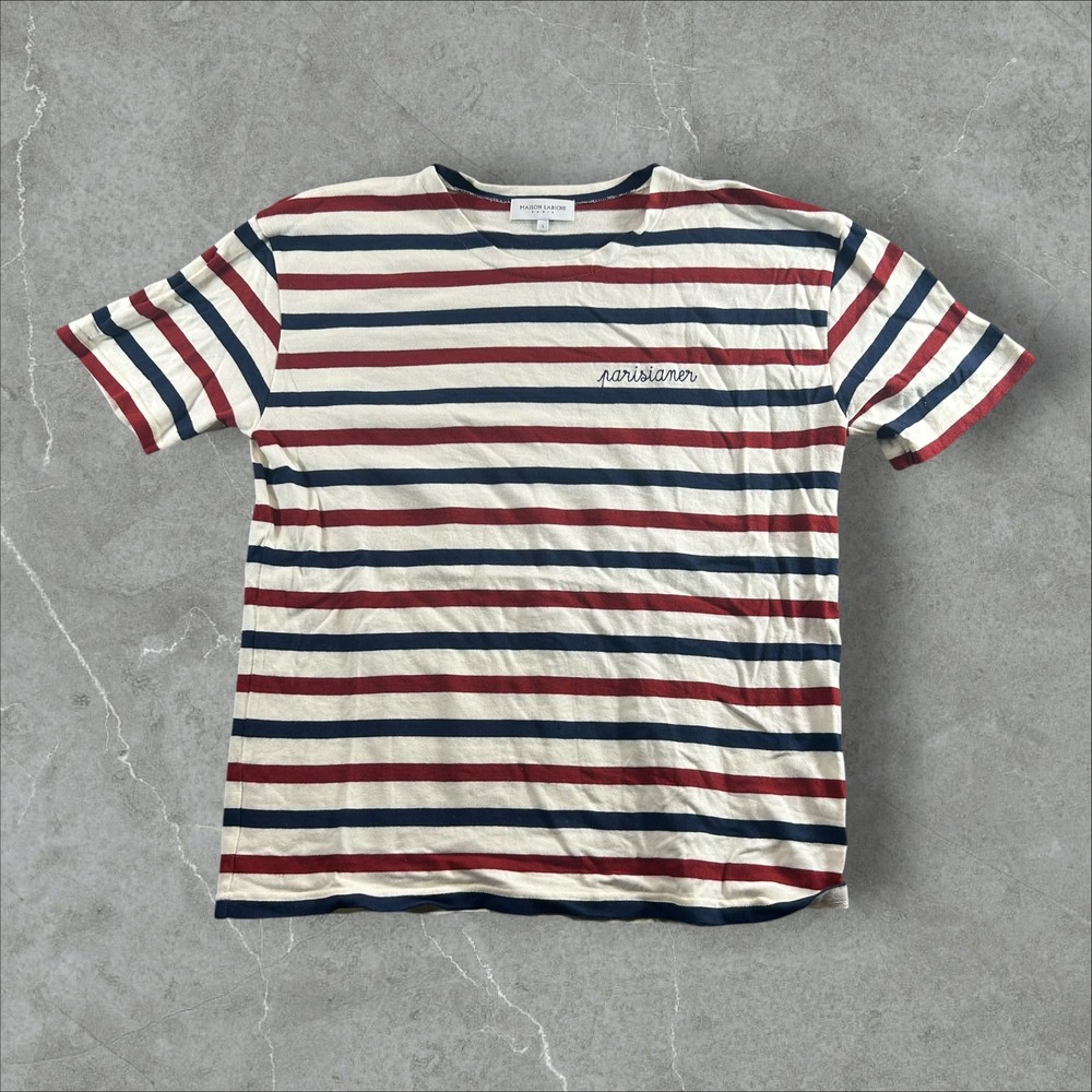 Maison Labiche Paris Shirt Mens Large White Blue Striped Parisianer Embroidered